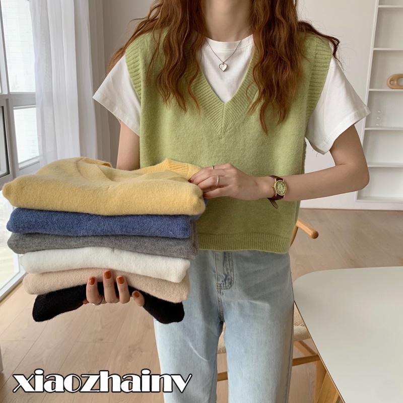 Xiaozhainv Áo Len Nữ Không Tay Cổ Chữ V Dáng Rộng Phong Cách Retro Hàn Quốc