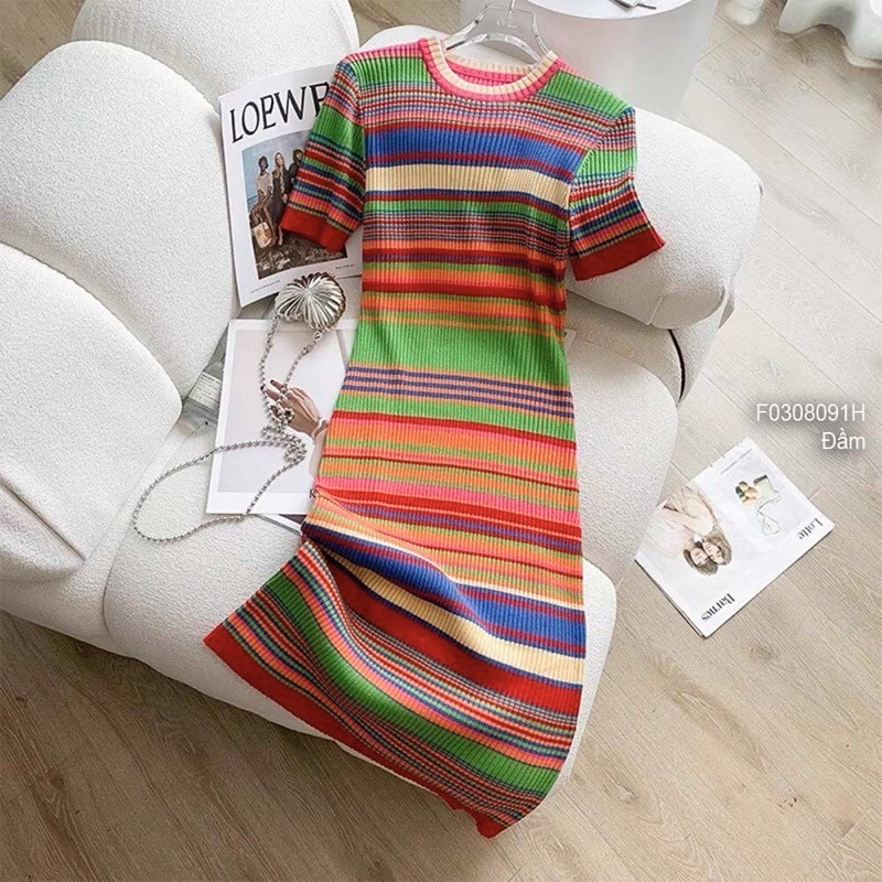 Đầm body len sọc phối màu siêu xinh hàng QC!l