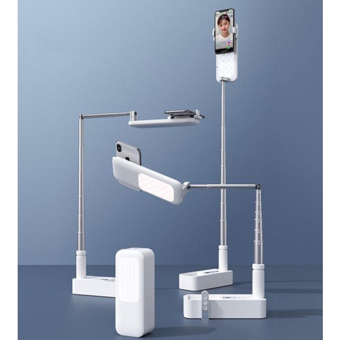 Đèn Livestream Thông Minh Nhỏ Gọn, Xoay 360 độ, Có Điều Khiển, Có Đèn LED 2 Mặt Sandbox V6 tích hợp gậy tự sướng