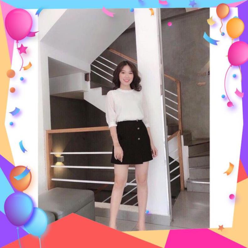 Quần giả váy kiểu chân váy chữ a phối cúc hoa 3 màu Đen - Xanh than - Kem - Chất tuyết mưa - Mặc đi làm đi chơi cực xinh | BigBuy360 - bigbuy360.vn