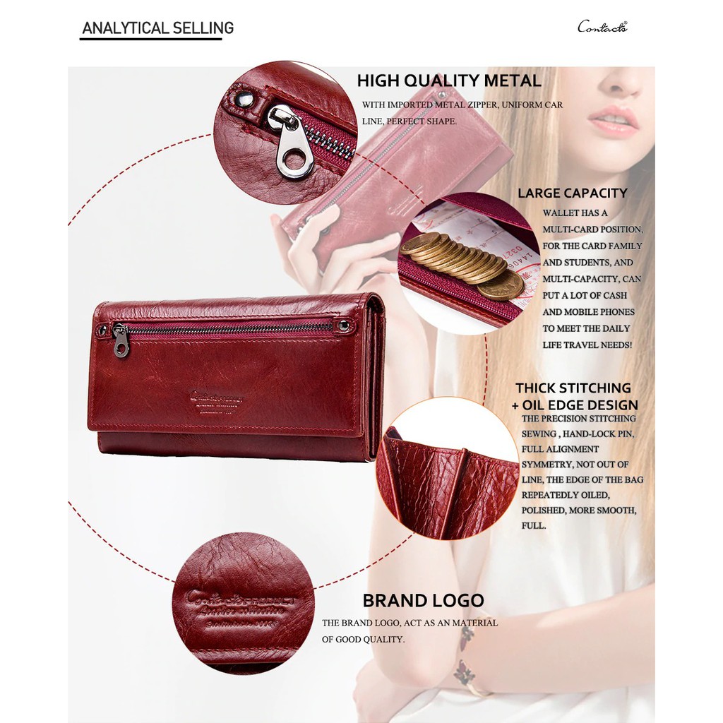 2020 Contact C2147 - Bảo Hành 2 Năm - Bóp Ví Đứng Dài Cầm Tay Da Ngựa Điên Women Wallet Genuine Bò - Nam Nữ | BigBuy360 - bigbuy360.vn