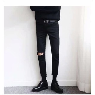 Quần Jean Nam Đen Rách Gối 1 Bên  Vải Co Giãn 4 Chiều Không Phai Màu, Phong Cách Hàn Quốc - 05