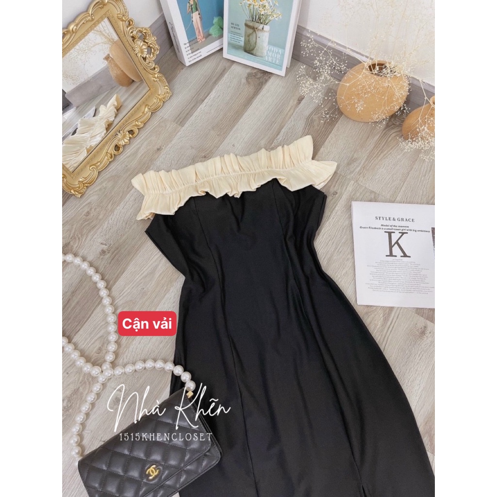 Đầm body bẹt vai phối lưới nude