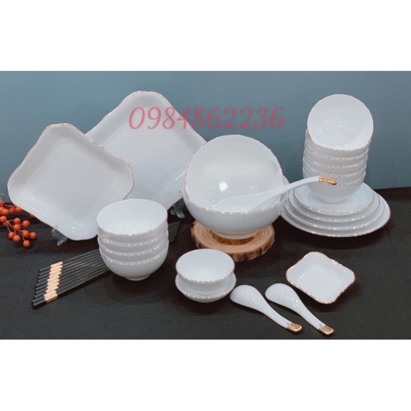 [GỐM SỨ BÁT TRÀNG] Bộ bát đĩa trắng viền vàng Bát Tràng- Bộ chén đĩa đẹp