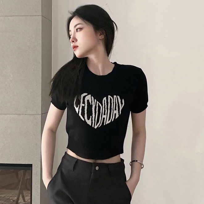 QKOOLE Áo thun len tay ngắn cổ tròn đơn giản dành cho nữ