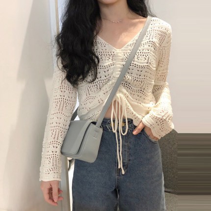 Áo Sweater Cổ V Tay Dài Cột Dây Dáng Rộng Phong Cách Hàn Quốc Thời Trang Cho Nữ MOMO61