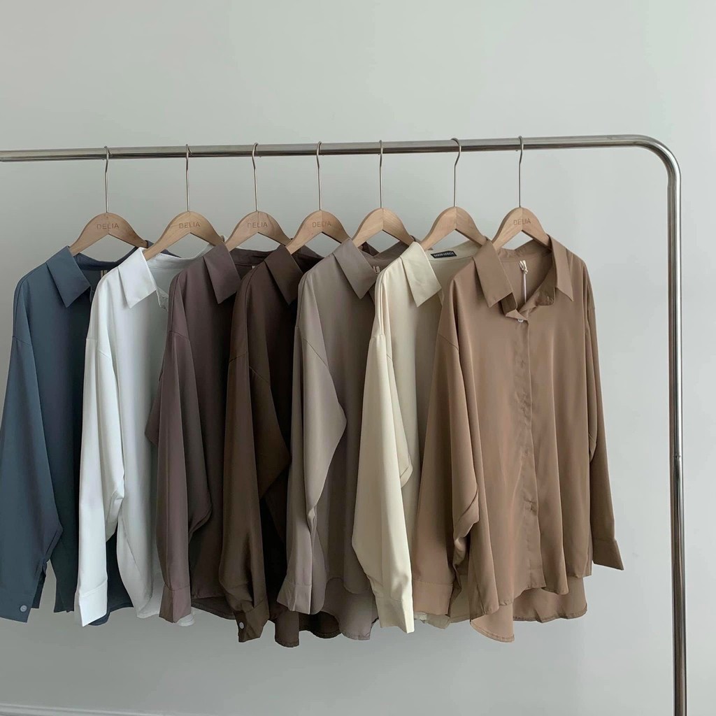Áo sơ mi nữ form rộng tay dài mầu nâu, trắng, đen, kem, chất lụa đẹp không nhăn, áo somi form rộng nữ đẹp basic, unisex | BigBuy360 - bigbuy360.vn