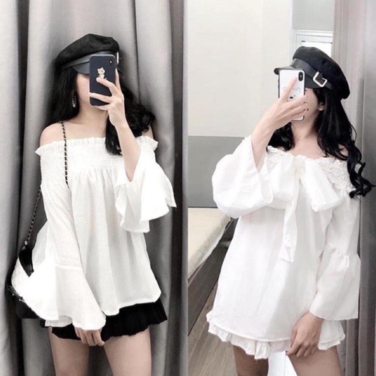 áo trễ vai tay dài, áo bánh bèo trễ vai nơ sau lưng điệu đà năng động cho bán gái, chất đẹp rẻ