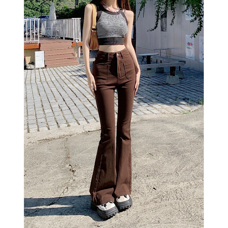 Quần Jeans ống loe cạp cao màu nâu đậm cực xinh chuẩn form Trung. Quần bò nữ tôn dáng chất lượng cao
