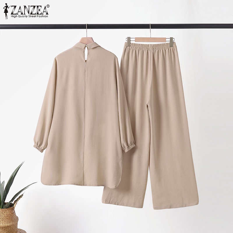 Bộ đồ ZANZEA gồm áo dài tay + quần dài phối túi phong cách Hồi Giáo thời trang cho nữ