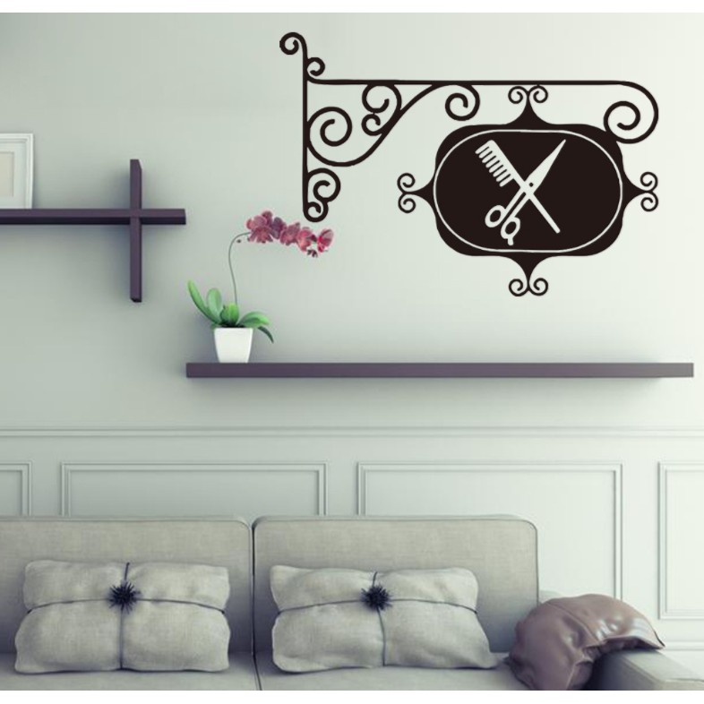 Miếng dán tường hình cây kéo và lược trang trí hoa lụa gương tròn hồ cá mini trang trí chụp ảnh tranh đính đá chỉ lụa