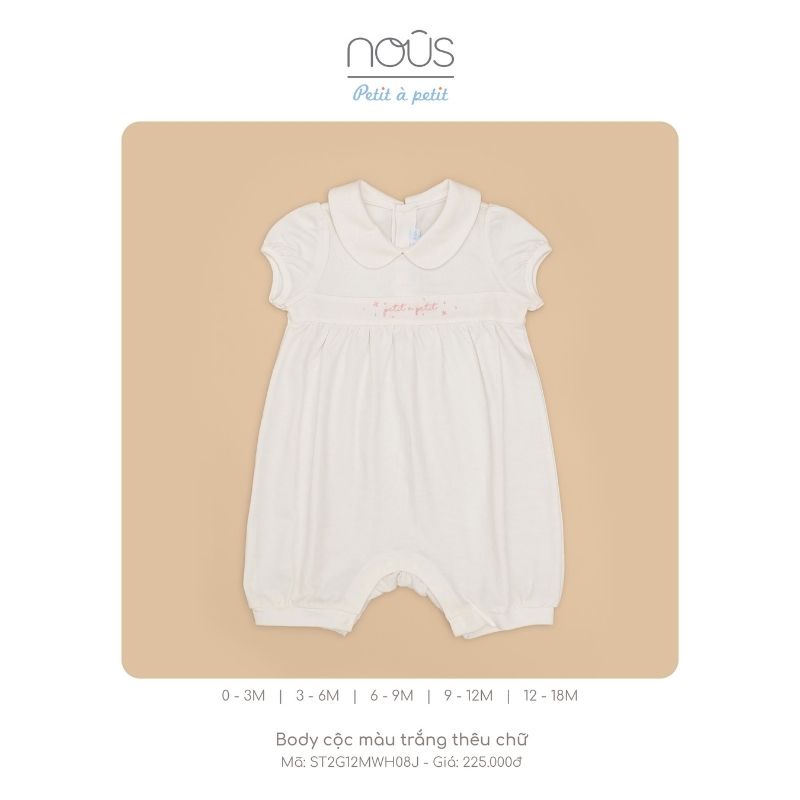 Bộ quần áo cho bé Nous, áo cộc màu trắng thêu chữ cho bé trai bé gái, chất liệu nu petit (size từ 0 đến 12 tháng)