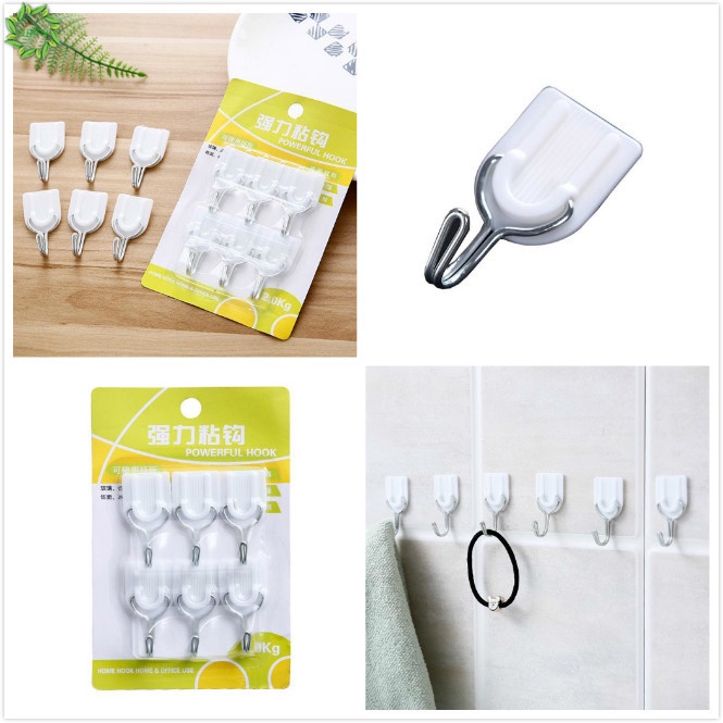 Set 6 móc treo đồ bằng nhựa dán tường cửa không để lại dấu vết màu trắng đơn giản cho phòng tắm nhà bếp
