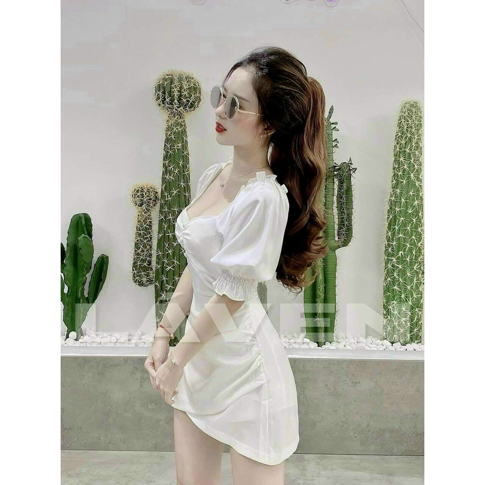 Đầm thời trang nữ mặc đi chơi chất lụa satin có mút ngực tay búp 3 màu váy ngắn xoè