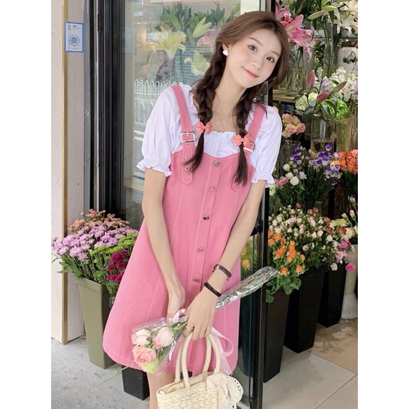 [Siêu giảm giá] Set yếm ulzzang màu hồng cá tính, dễ thương điều chỉnh được dây váy 08