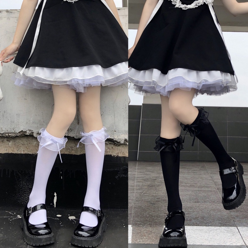 Đôi Vớ Cao Đến Đầu Gối Phối Dây Ruy Băng Ren Nơ Phong Cách Preppy Nhật Bản Lolita Dành Cho Nữ Sinh