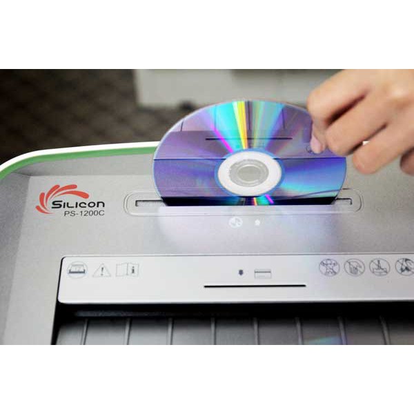 Máy hủy tài liệu Silicon PS-1200C (Hủy 12 tờ A4/lần,hủy sợi nhỏ 4*30mm, hủy CD,DVD,thẻ, thùng chứa 20L)