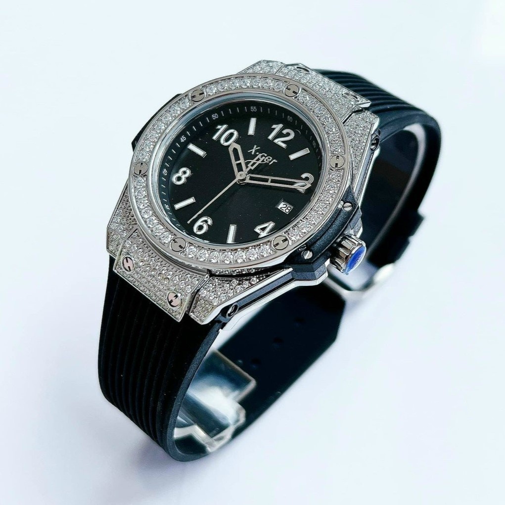 Đồng Hồ Xcer Nữ Silicon Đen Tròn Đính Đá Silver 36mm B0611 Chính Hãng
