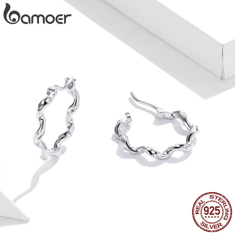 BAMOER Bông Tai Gợn Sóng Chất Liệu Bạc 925 6mm SCE976