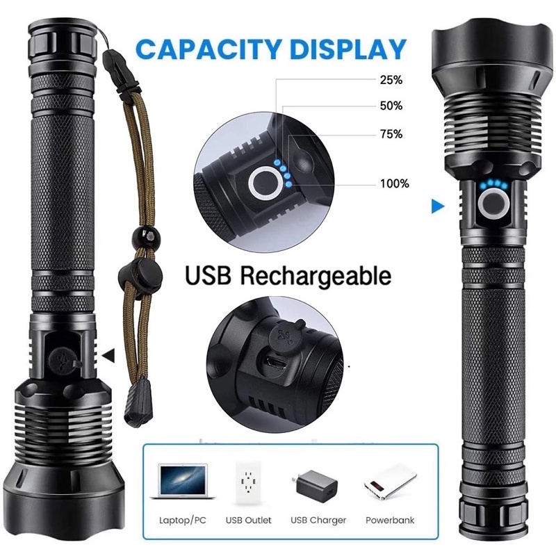 Đèn pin siêu sáng XHP70.2 lumen 3800  sạc USB pin 26650 chế độ chiếu sáng 3 cấp vỏ hợp kim nhôm siêu cứng