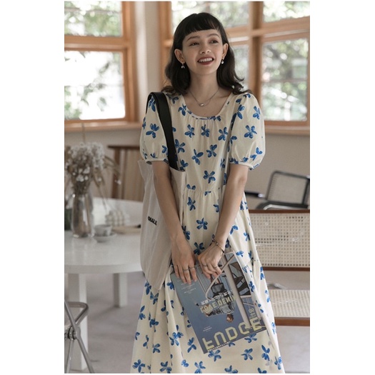 Đầm suôn hoa xanh