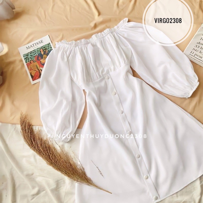 [Ảnh thật/Video]Váy Fanci trễ vai cúc bọc tiểu thư