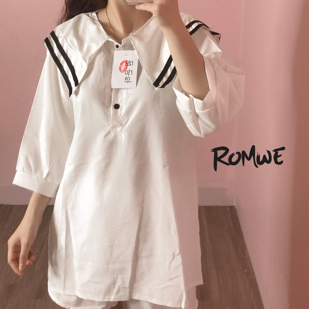 Áo sơ mi nữ Bape tay lỡ cổ thủy thủ viền đen form rộng ulzzang (màu trắng)