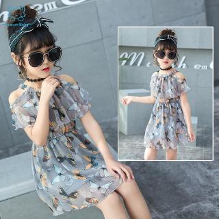 Đầm Trễ Vai In Hình Bướm Cho Bé Gái