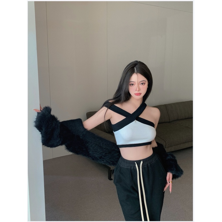 HUANG YOYO Áo Lửng Cổ Yếm Phong Cách Hàn Quốc Thời Trang Cho Nữ