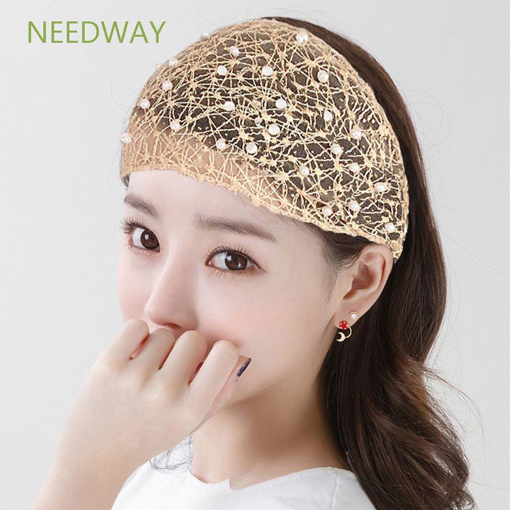 Băng Đô Cài Tóc Bản Rộng Phối Ren Hoa Đính Ngọc Trai Phong Cách Hàn Quốc Thời Trang Cho Nữ