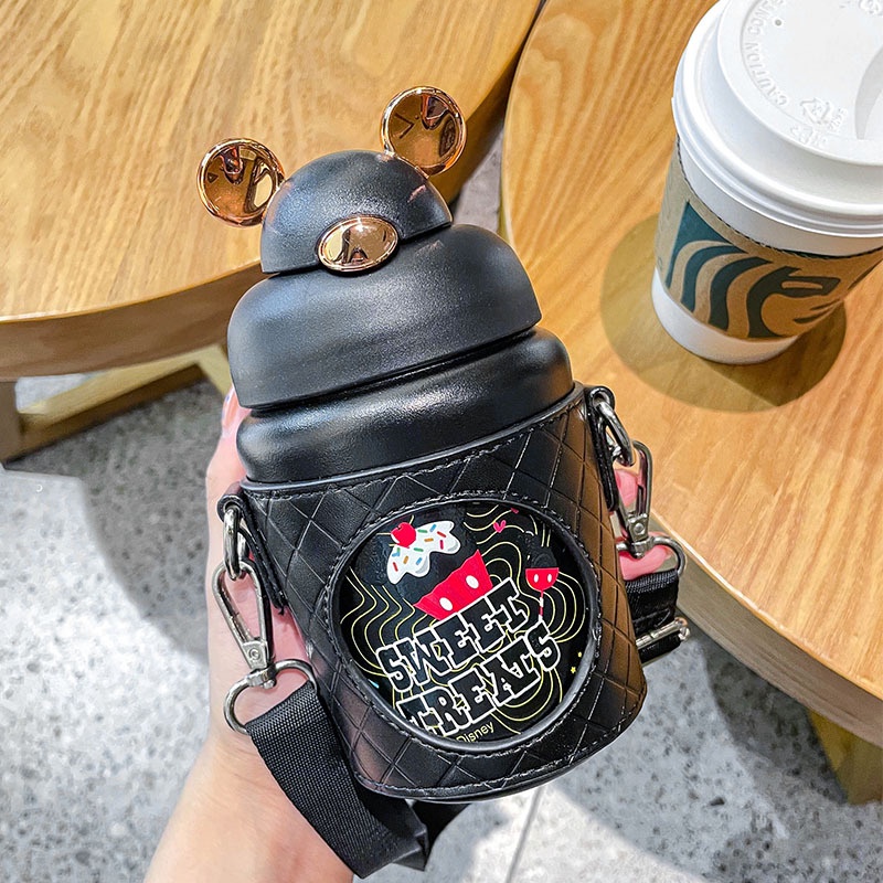 Bình nước giữ nhiệt SWEET TREATS tai chuột Mickey kèm bao da chất liệu 316 không gỉ dùng hàng ngày,mang đi học đi làm