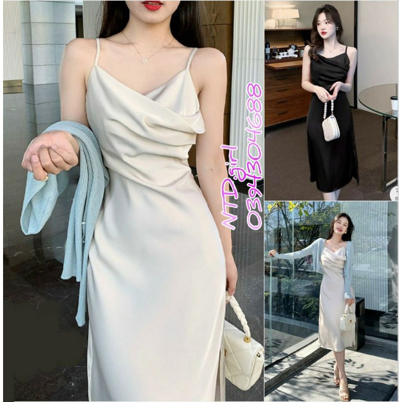 Đầm dáng xòe lụa 2 dây cổ đổ siêu xinh, váy maxi xẻ tà 1 bên tôn dáng - DTH