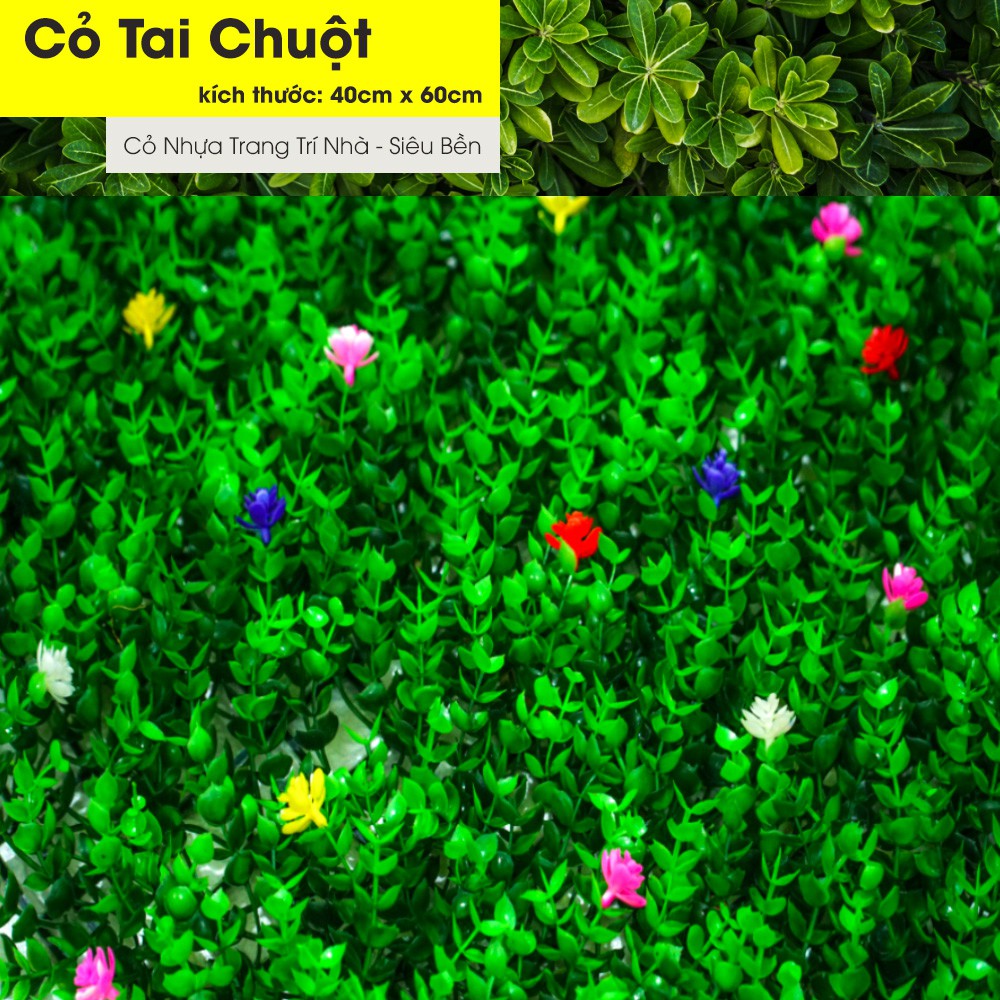 Thảm cỏ nhựa treo tường đính hoa, tấm cỏ nhựa tai chuột trang trí kích thước 40cm x 60cm