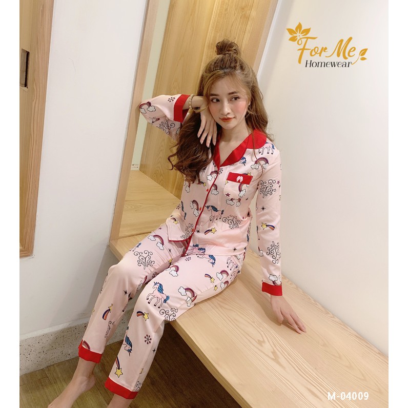 Bộ đồ ngủ, mặc nhà chất Lụa Giấy Luxury DÀI TAY NGỰA TIÊN HỒNG 04 ,forme pijama