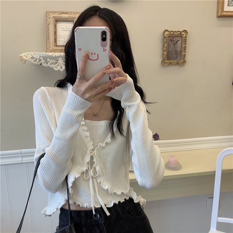 Áo Cardigan Croptop Nữ Vạt Dúm Bèo Kèm Quây Nữ