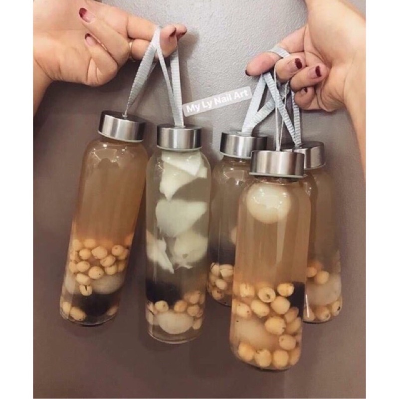 Chai thủy tinh có dây đựng nước ép, detox; lọ thủy tinh đựng sữa hạt 350ml, 500ml