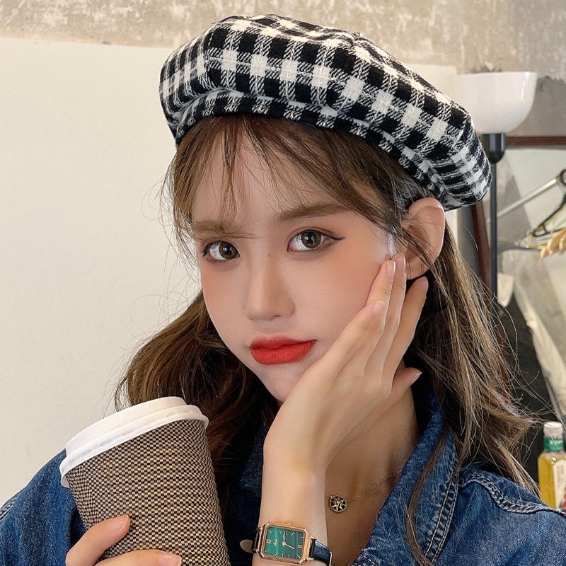 Korean style plaid pattern beret for women