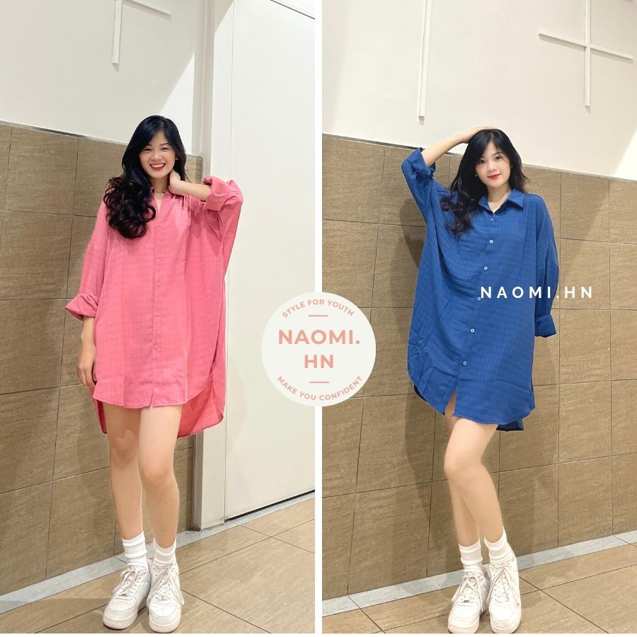 Váy sơ mi dài tay form rộng Hàn Quốc chất đũi xước mát mix caro chìm. Đầm nữ sơ mi suông basic xẻ tà 2 bên HOTHIT
