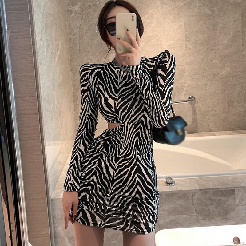 Đầm ôm cổ tròn họa tiết sọc ngựa vằn phong cách Hàn Quốc gợi cảm cho nữ | BigBuy360 - bigbuy360.vn