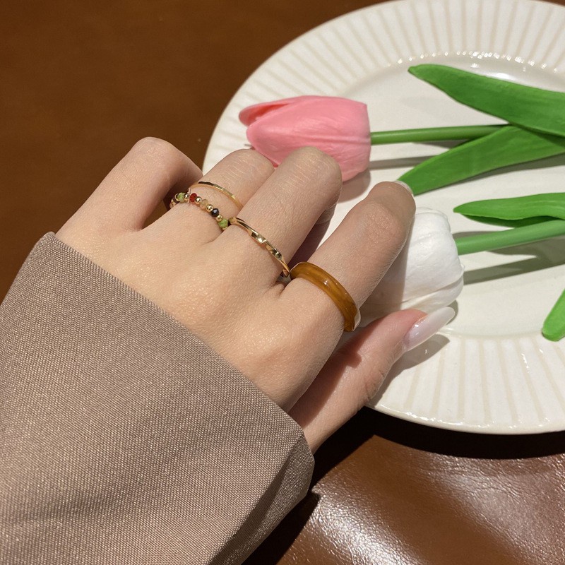 Nhẫn bốn mảnh đính hạt màu tương phản phong cách Hong Kong cổ điển thời trang cho nữ F269