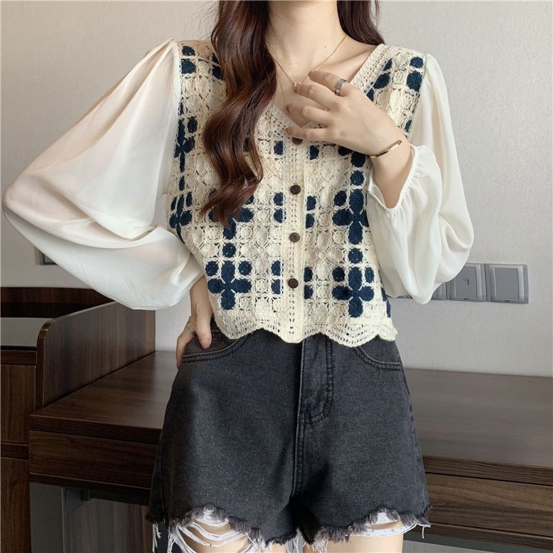 Áo len croptop tay dài Áo Kiểu Ngắn Tay Dài Phối Ren Lỗ Thêu Hoa Thời Trang Mùa Hè 2022 Phong Cách Phương Tây