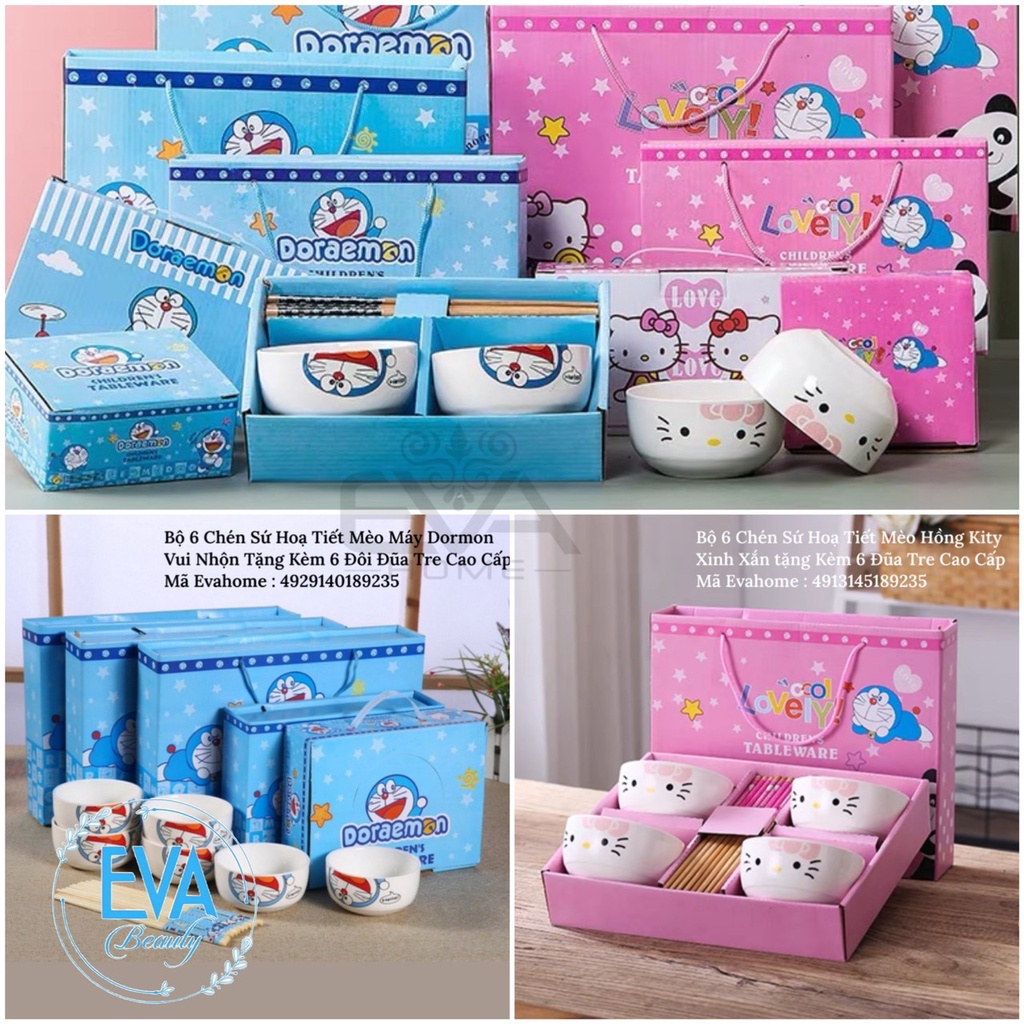 Bộ 6 Chén Sứ Hoạ Tiết Hoạt Hình Phong Cách Nhật Tặng Kèm 6 Đũa Hoa Cao Cấp