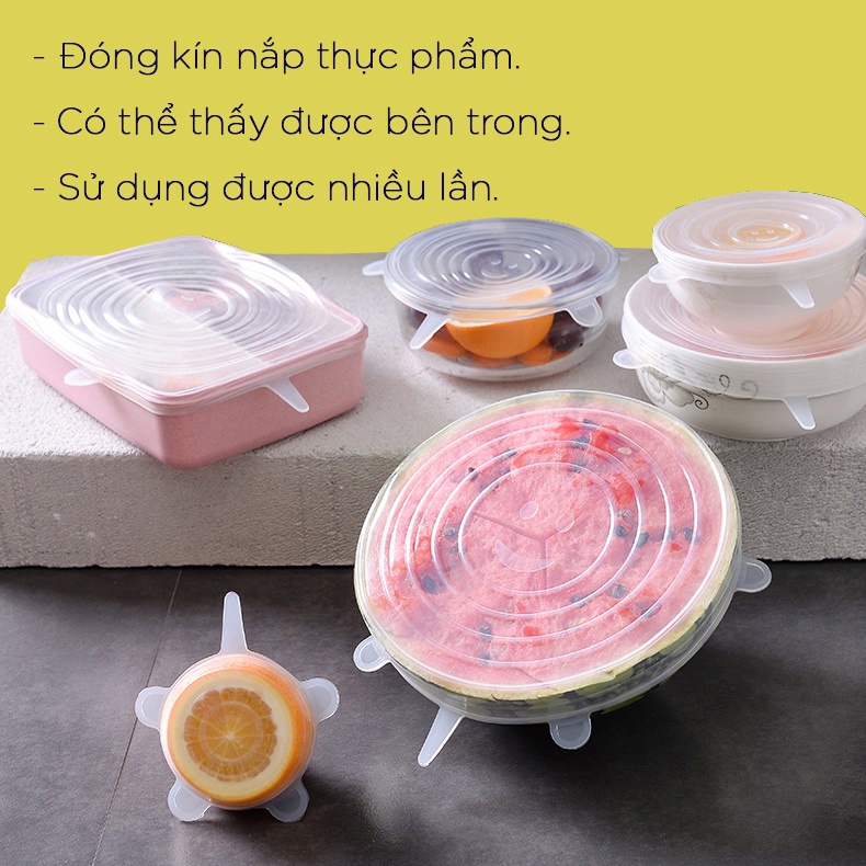 Bộ 6 nắp silicon đậy thực phẩm dùng để thay thế màng bọc thực phẩm, sử dụng được nhiều lần