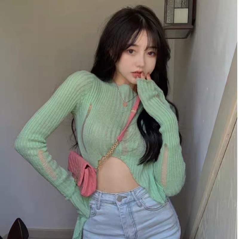 Áo len mỏng rách dài tay