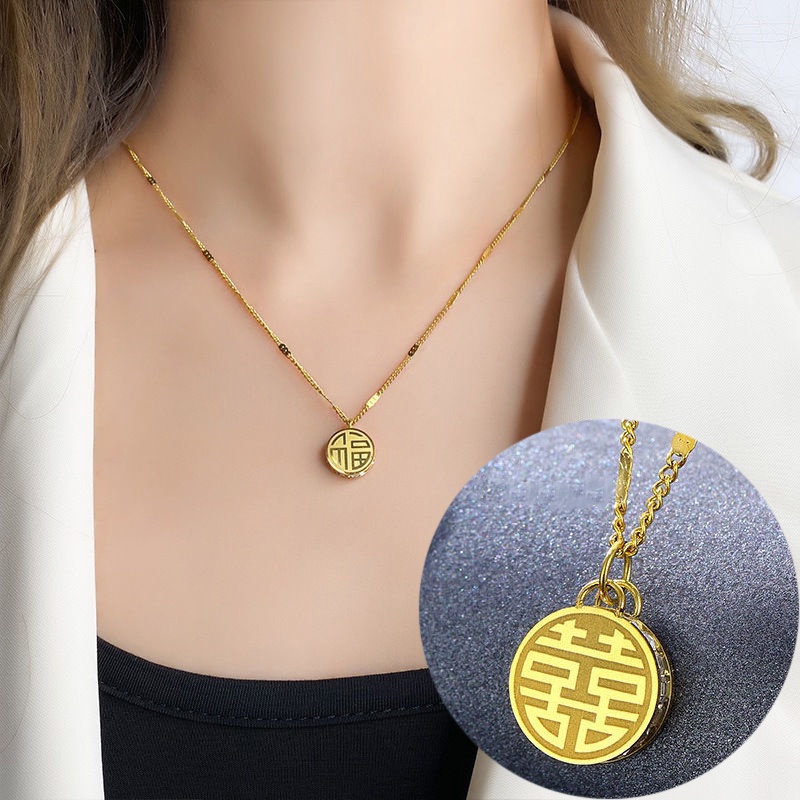 Vòng cổ thép không gỉ mạ vàng 18K với mặt phong cách Trung Quốc/ Hàn Quốc cho nữ