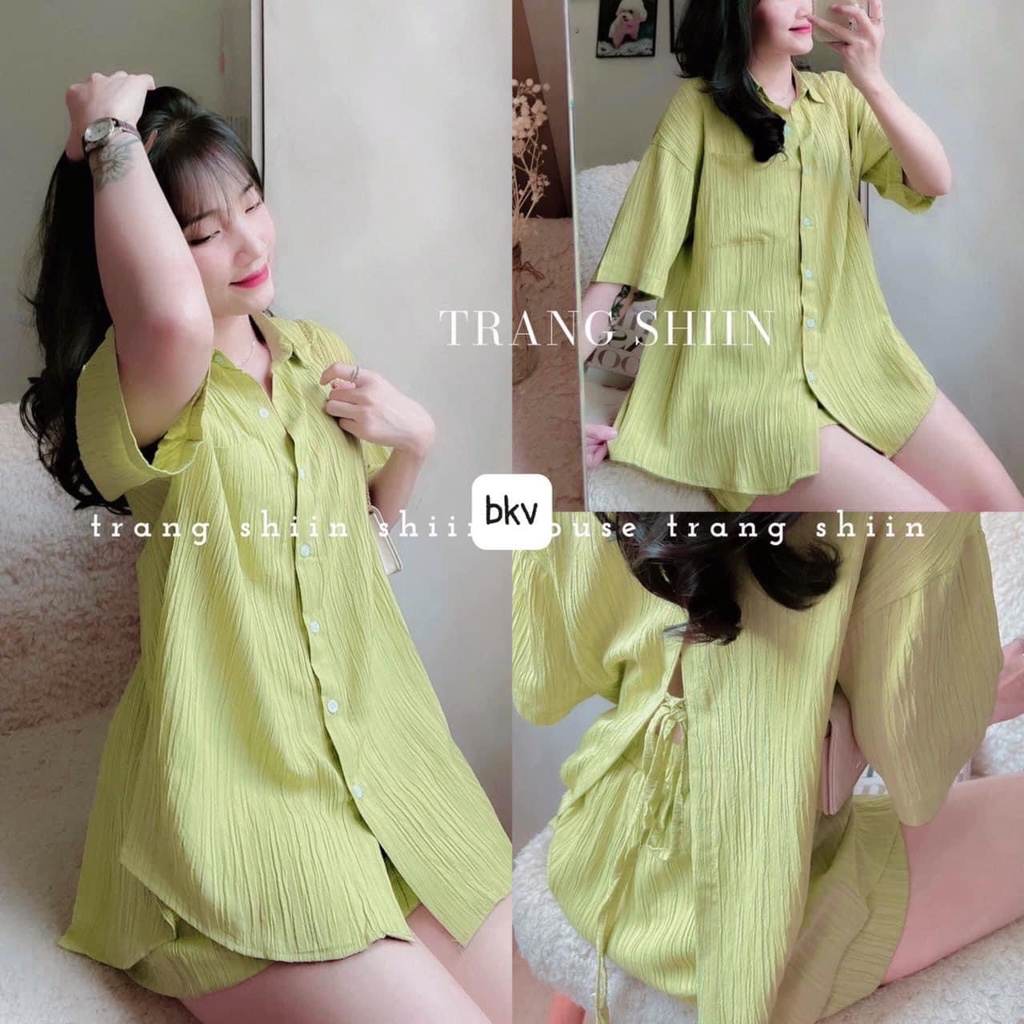Set áo sơ mi tay lỡ form rộng xẻ sau buộc dây mix quần short vải đũi hàng đẹp Bingshop