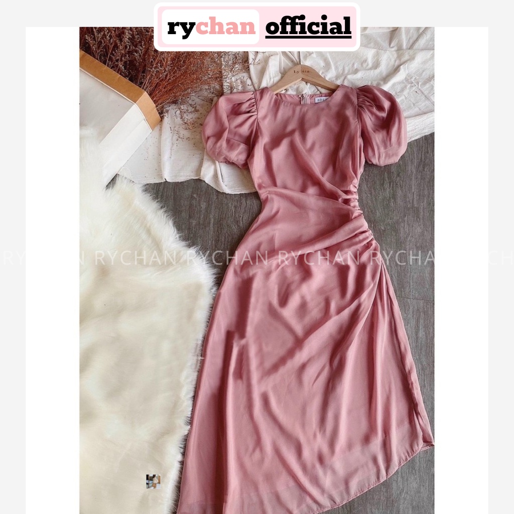 Đầm Xòe Midi Hồng Lệch Tà Nhún Sườn [Ảnh Thật Cuối] - DX0053