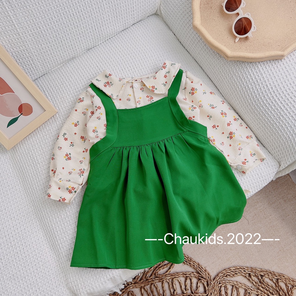 Váy thu đông vintage cho bé gái, set váy yếm xanh tươi mát kèm áo sơ mi hoa nhí cho bé