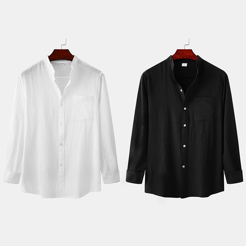 Áo Sơ Mi Vải Lanh Trơn Tay Dài Cổ Đứng Dáng Rộng Màu Trơn Có Túi Plus Size Trắng / Xanh Navy / Khaki / Xanh Dương Nhạt / Nâu / Đen Thời Trang Mùa Hè 2022 Cho Nam