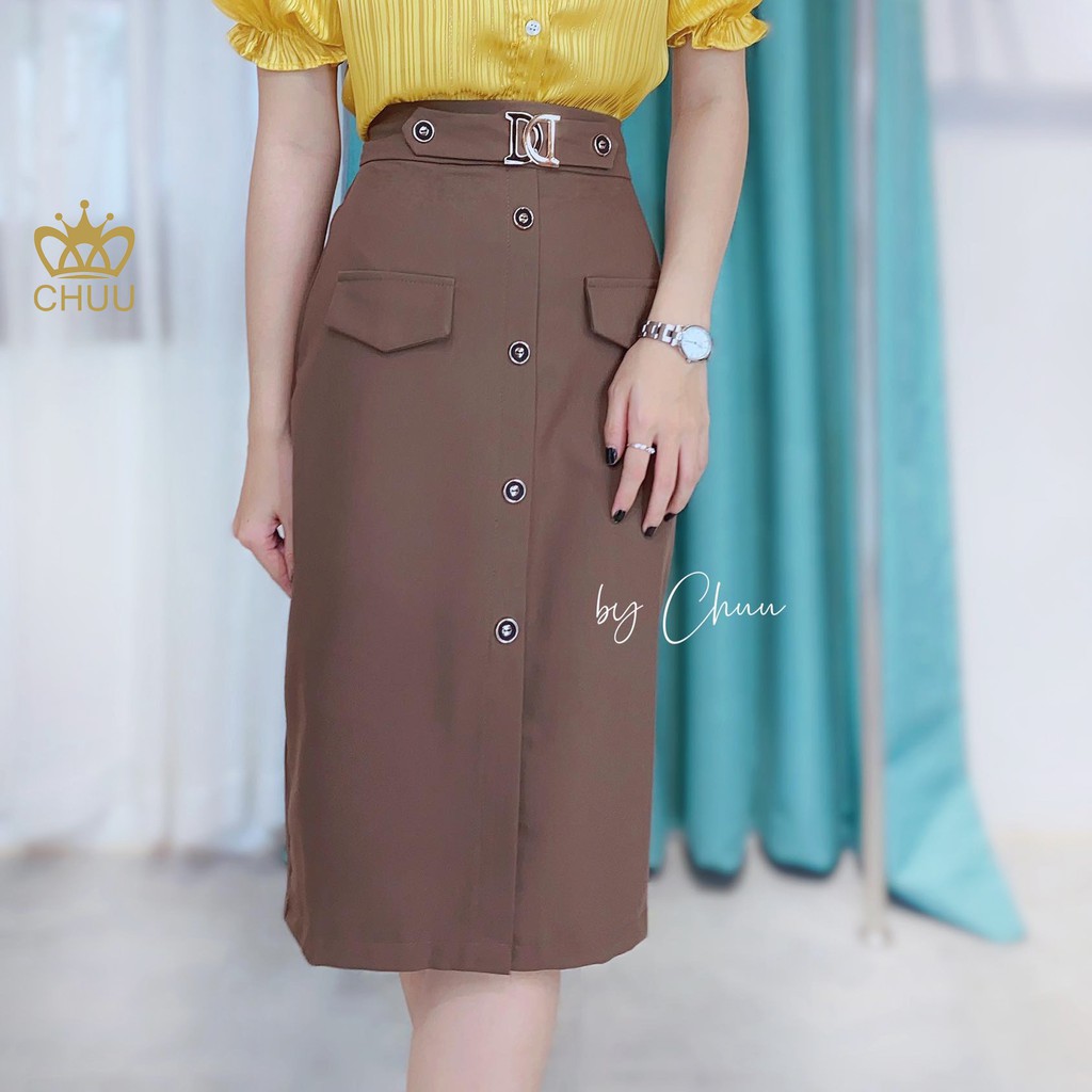 Chân váy bút chì công sở nữ kiểu viền nút, đai chữ DD CHUU CV6134 | BigBuy360 - bigbuy360.vn